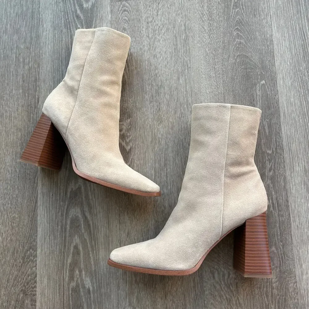 Sam Edelman Ivette Suede Ankle Booties Sesame Square Toe‎ Block Heel Size 9